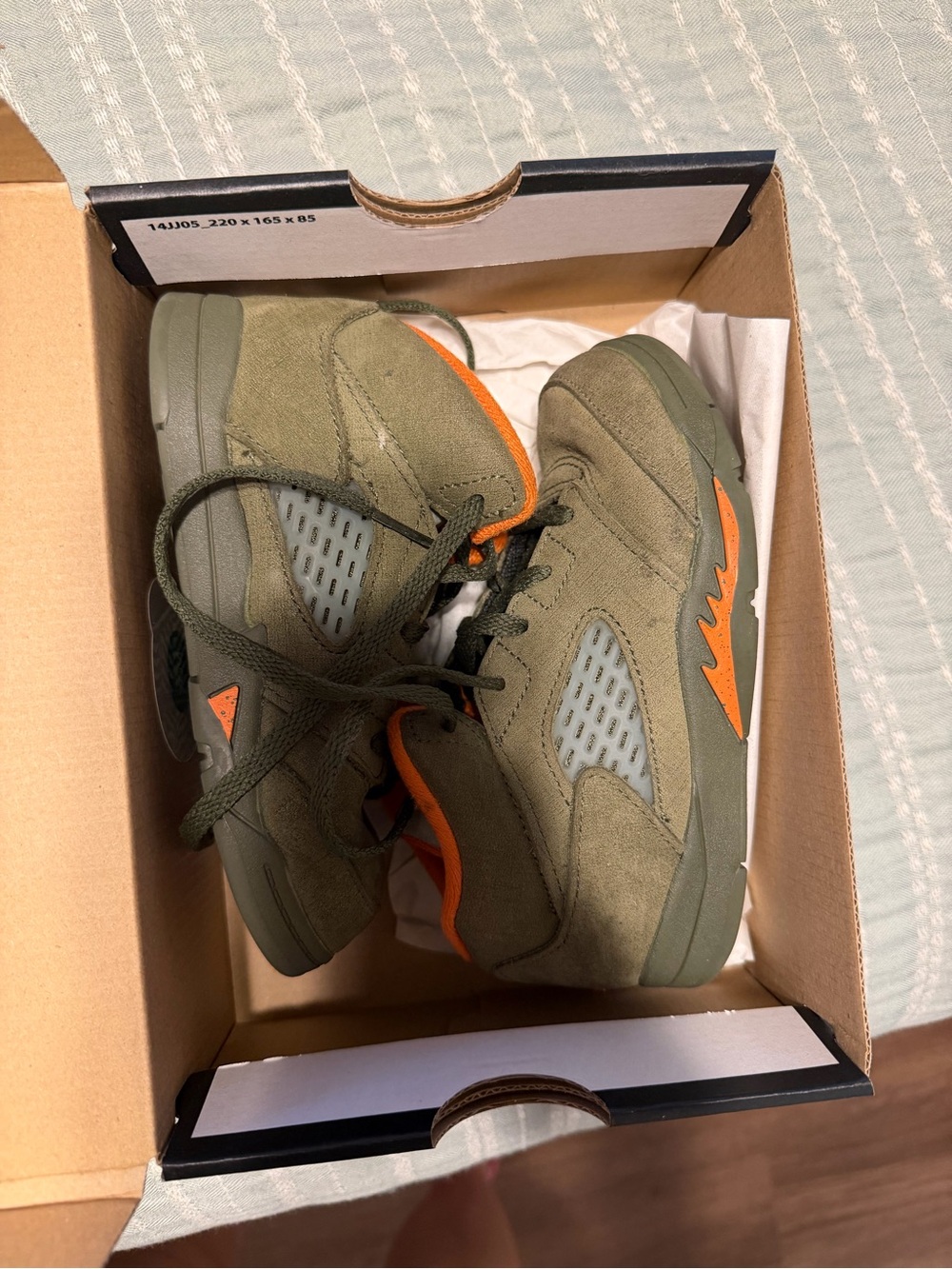 Kids Olive Green and Orange Jordan Sneakers